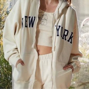 brandy melville cream new york full zip hoodie